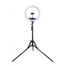 LED žiedinė λάμπα 34.5cm, su trikoju stovu iki 1.85m, veidrodžiu και telefono laikikliu, USB