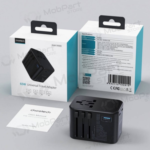 Γενικής kelioninis φορτιστής Choetech PD5009 65W 2xUSB-C/USB-A μαύρος