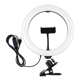 LED žiedinė λάμπα 26cm, su telefono laikikliu και spaustuku, USB