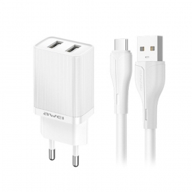 Φορτιστής Awei C15T-EU 2xUSB-A 10W + USB to USB-C cable άσπρο