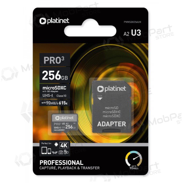 Κάρτα μνήμης Platinet MicroSD 256GB (class10 UHS-III 90MB/S) + SD Προσαρμογέας