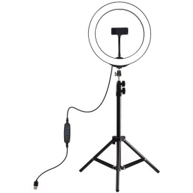 LED žiedinė λάμπα 26cm, su trikoju stovu iki 1.1m και telefono laikikliu, USB
