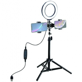 LED žiedinė λάμπα 16cm, su trikoju stovu iki 70cm και dvigubu telefono laikikliu, USB