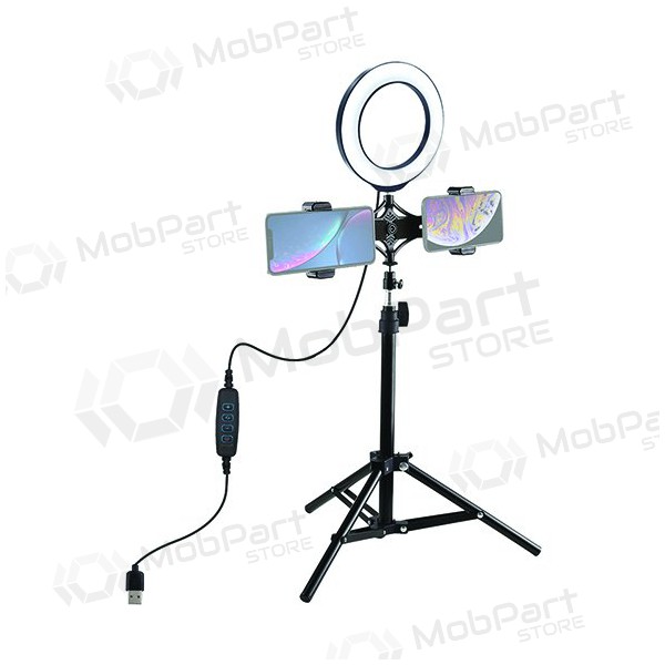 LED žiedinė λάμπα 16cm, su trikoju stovu iki 70cm και dvigubu telefono laikikliu, USB LED žiedinė λάμπα 16cm, su trikoju stovu iki 70cm και dvigubu telefono laikikliu, USB