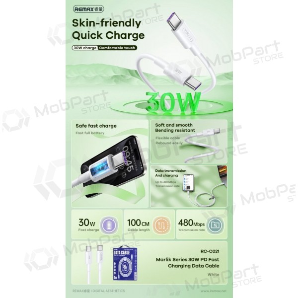 USB καλώδιο Remax RC-C021 USB-C to USB-C 30W 1.0m άσπρο