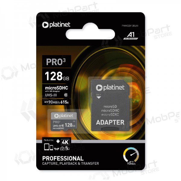 Κάρτα μνήμης Platinet MicroSD 128GB (class10 UHS-III 90MB/S) + SD Προσαρμογέας