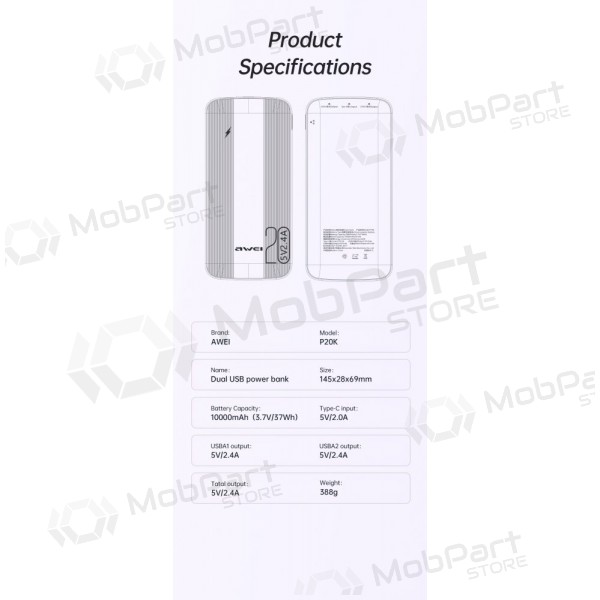 Εξωτερική μπαταρία Power Bank Awei P19K 5V/2.4A 20000mAh μαύρος