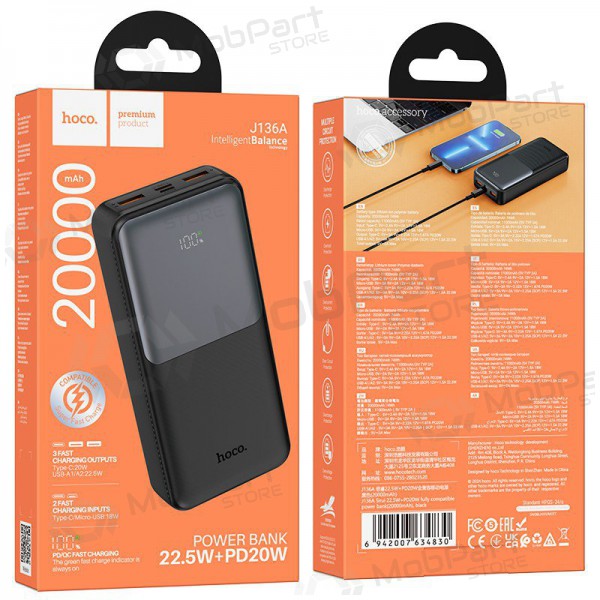 Εξωτερική μπαταρία Power Bank Hoco J136A 22.5W+PD20W 20000mAh μαύρος
