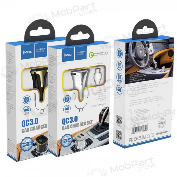 Φορτιστής automobilinis Hoco Z31 Quick Charge 3.0 (3.4A) x 2 USB + microUSB (άσπρο)