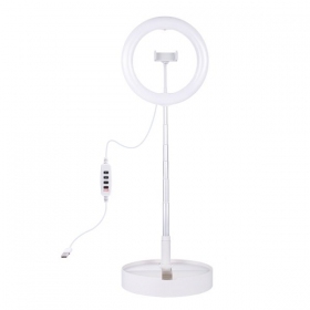 LED žiedinė λάμπα 26cm, su stovu iki 138cm, su telefono laikikliu, USB