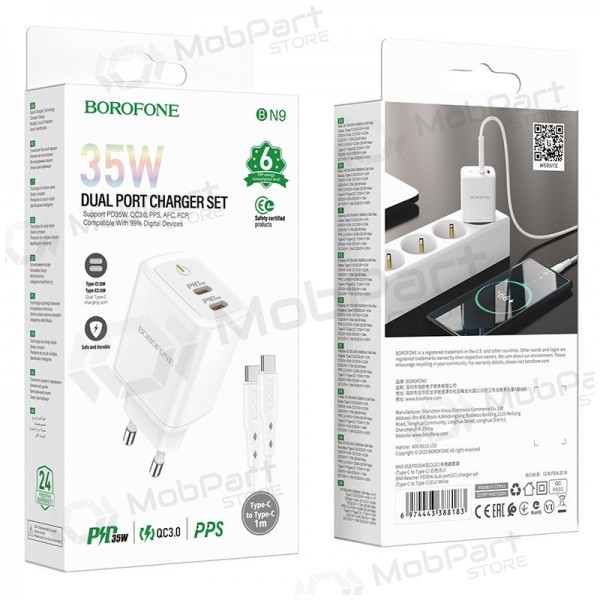 Φορτιστής buitinis Borofone BN9 2xType-C 35W + Type-C άσπρο