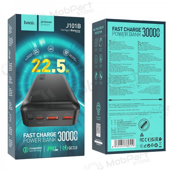 Εξωτερική μπαταρία Power Bank Hoco J101B PD 20W+Quick Charge 3.0 22.5W 30000mAh μαύρος