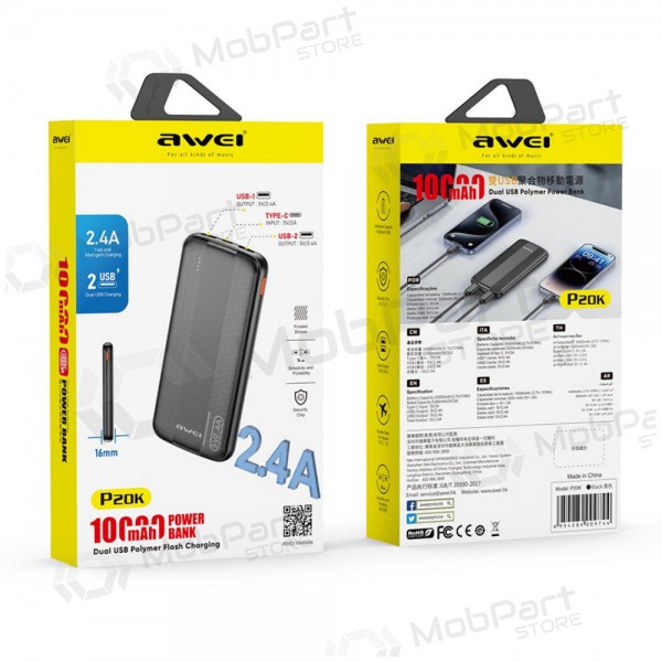 Εξωτερική μπαταρία Power Bank Awei P20K 5V/2.4A 10000mAh μαύρος