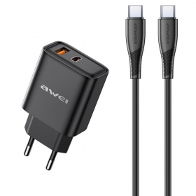 Φορτιστής Awei PD81C-EU USB-A/USB-C + USB-C to USB-C cable μαύρος