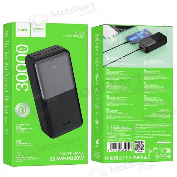 Εξωτερική μπαταρία Power Bank Hoco J136B 22.5W+PD20W 30000mAh μαύρος