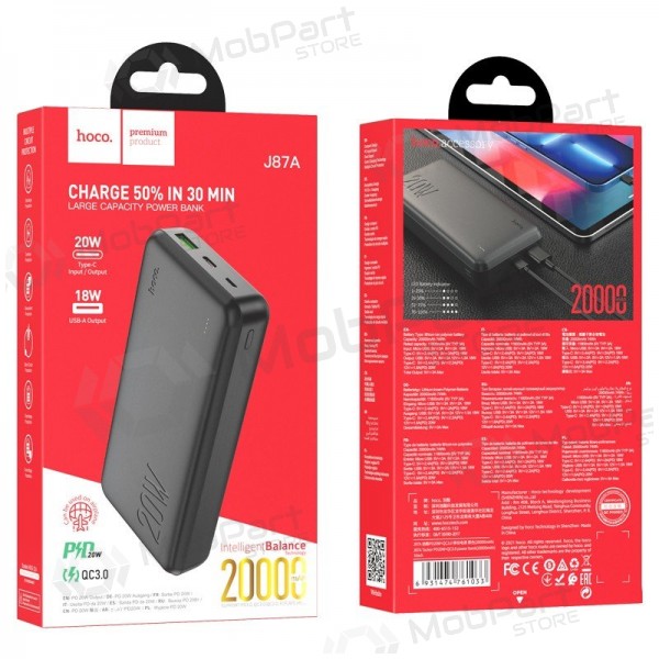 Εξωτερική μπαταρία Power Bank Hoco J87A Type-C PD 20W+Quick Charge 3.0 20000mAh μαύρος